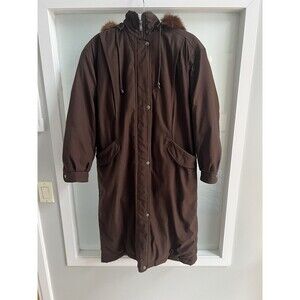 Vintage Y2K 90s Down Coat Chocolate Brown Removable Fur Lined Hood Petite Small